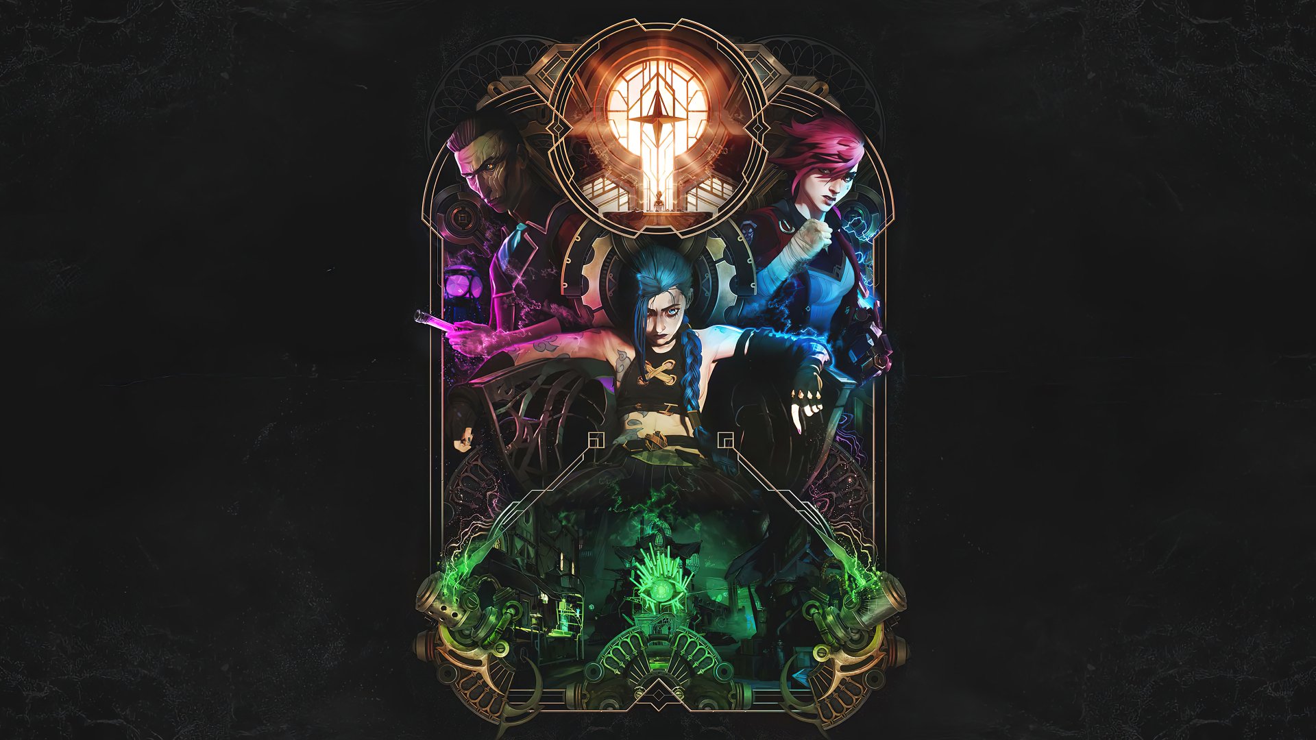 4K Ultra HD wallpaper featuring VI, Silco, and Jinx from the TV show Arcane, showcasing detailed, vibrant character art on a dark background.