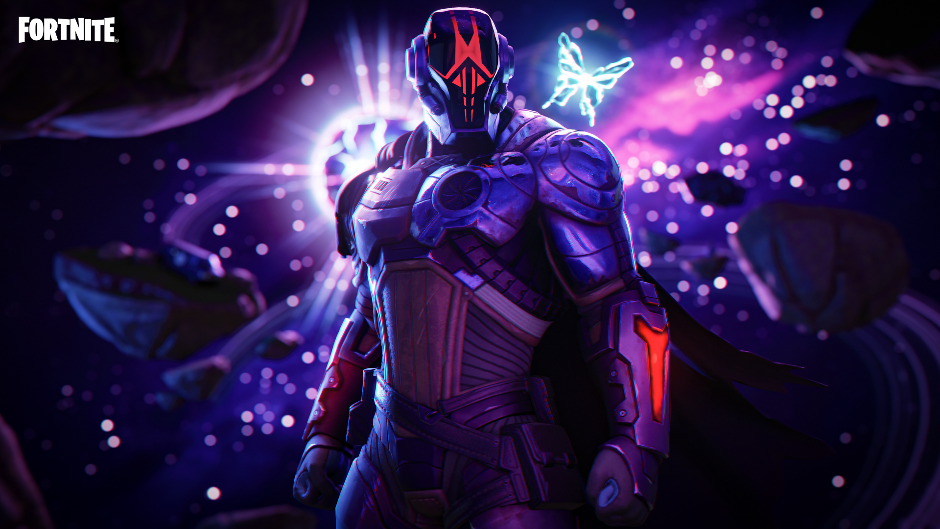Fortnite character in futuristic armor with glowing red accents, surrounded by vibrant purple and blue lights in a 4K Ultra HD PC desktop wallpaper.