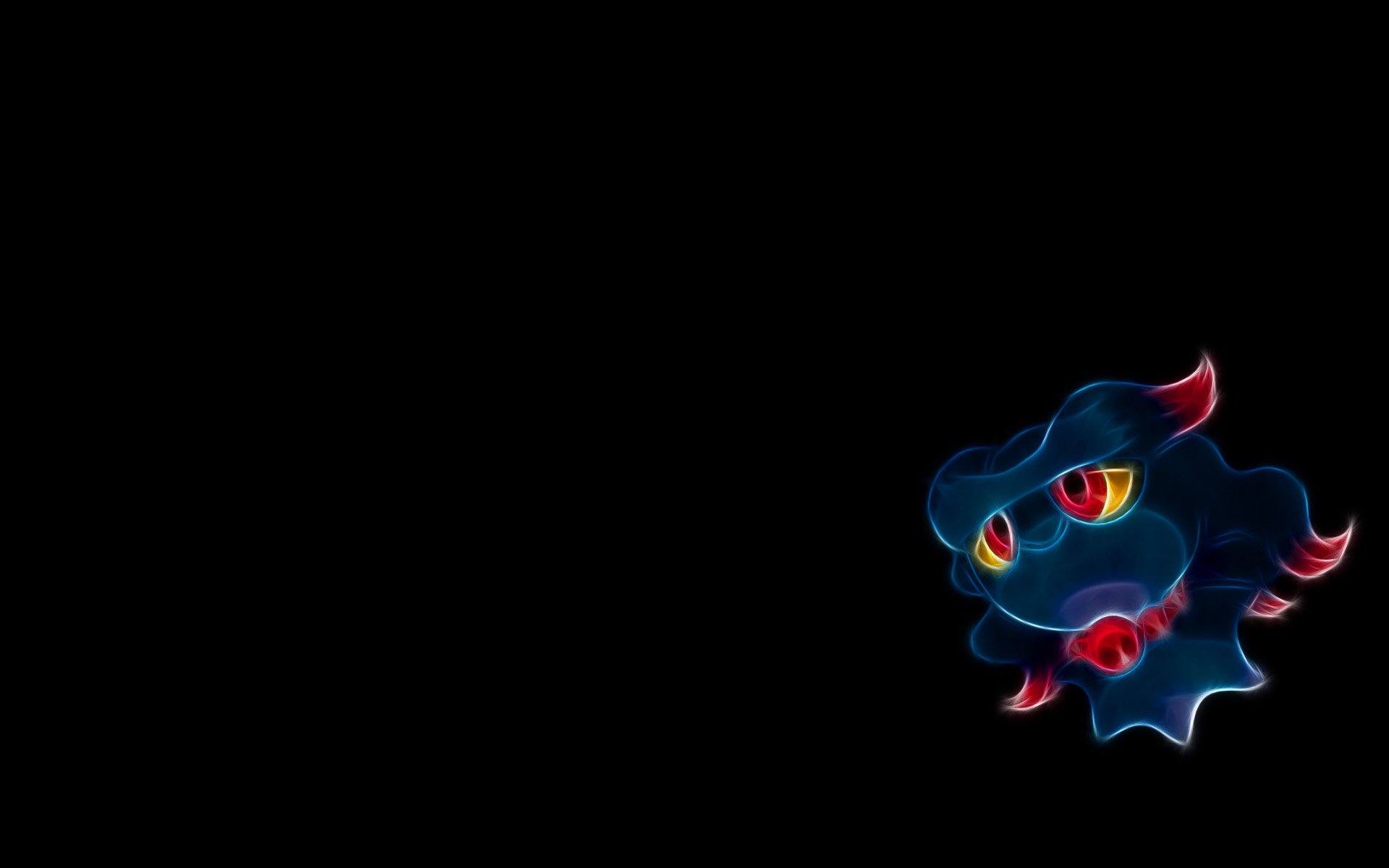 HD anime-style PC wallpaper: Misdreavus (Ghost Pokémon) glows with blue and red highlights, hovering on a black background with eerie yellow-red eyes.