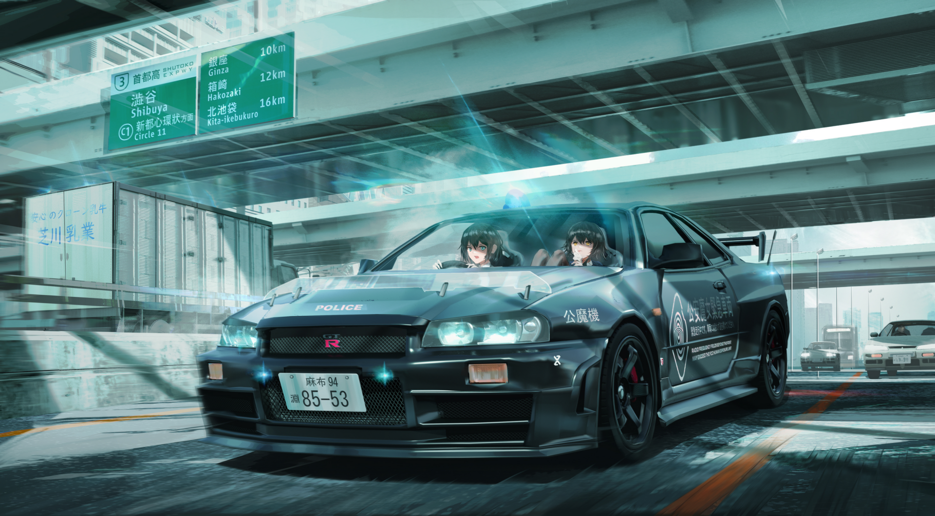 HD anime desktop wallpaper featuring an anime girl driving a detailed sports car under city overpasses, blending dynamic car art with vibrant anime character design.
