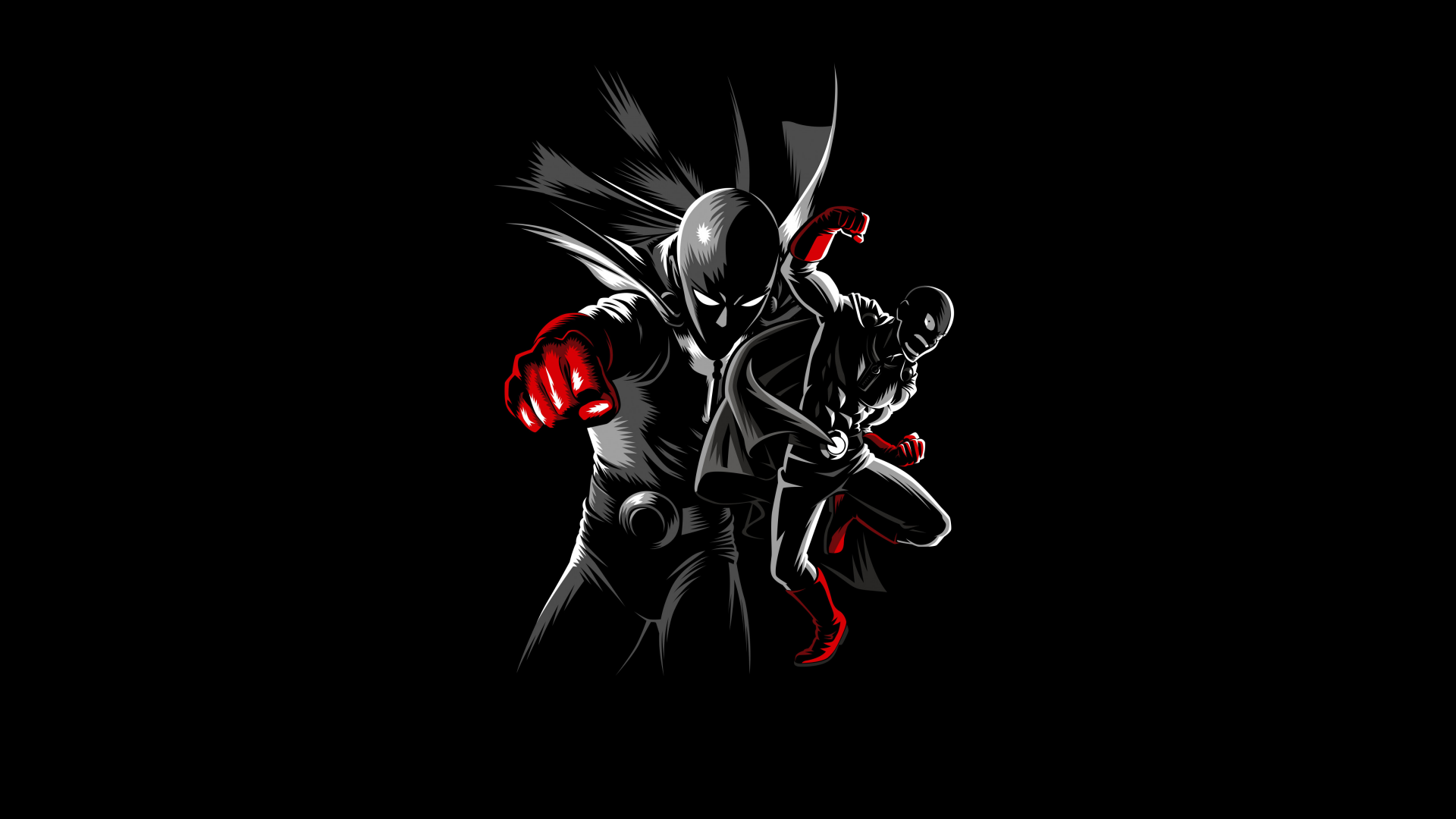 4K Ultra HD anime wallpaper featuring Saitama from One-Punch Man in a dynamic black and red silhouette style on a dark background.
