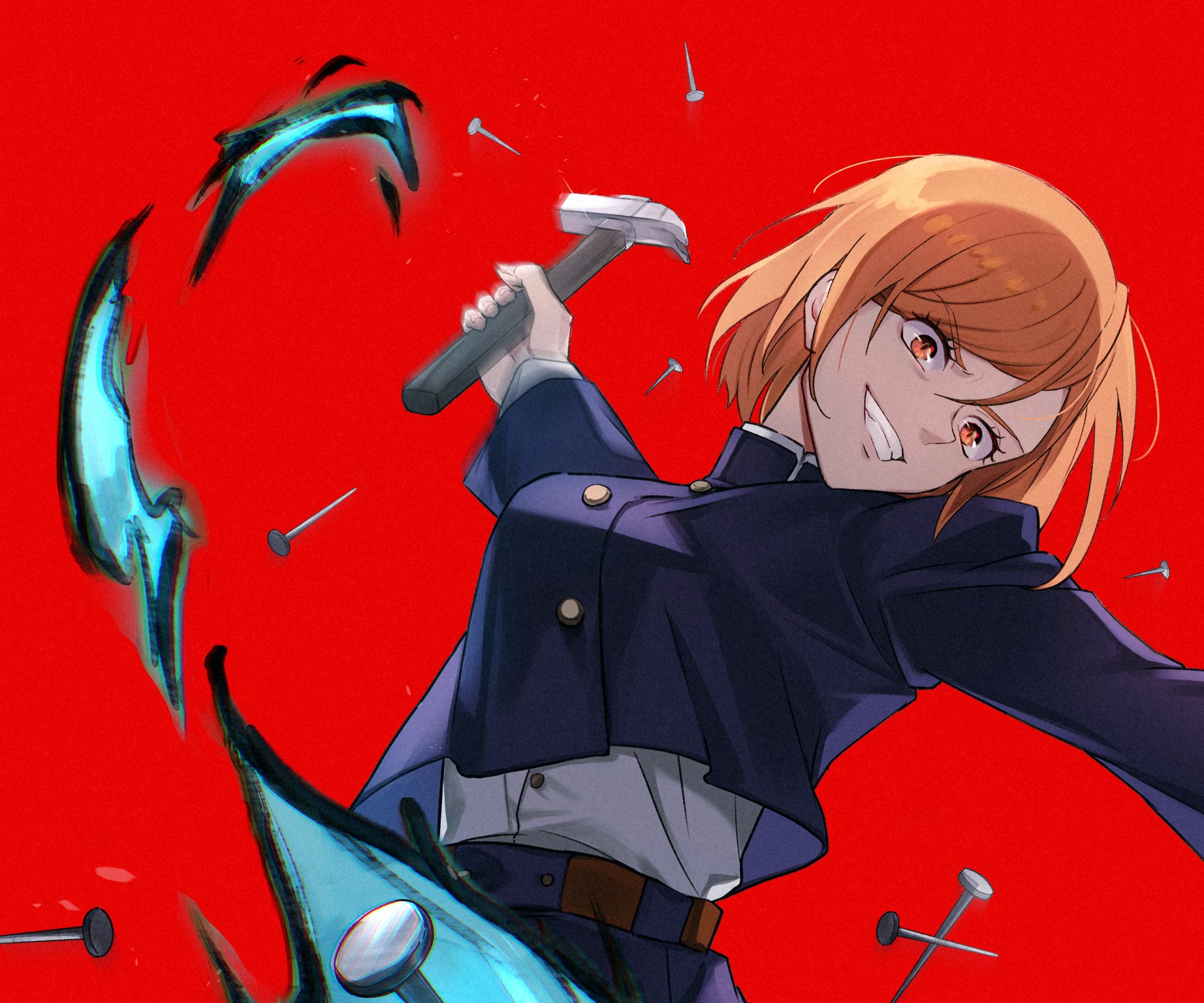 HD PC desktop wallpaper featuring Nobara Kugisaki from the anime Jujutsu Kaisen wielding a hammer against a vibrant red background.