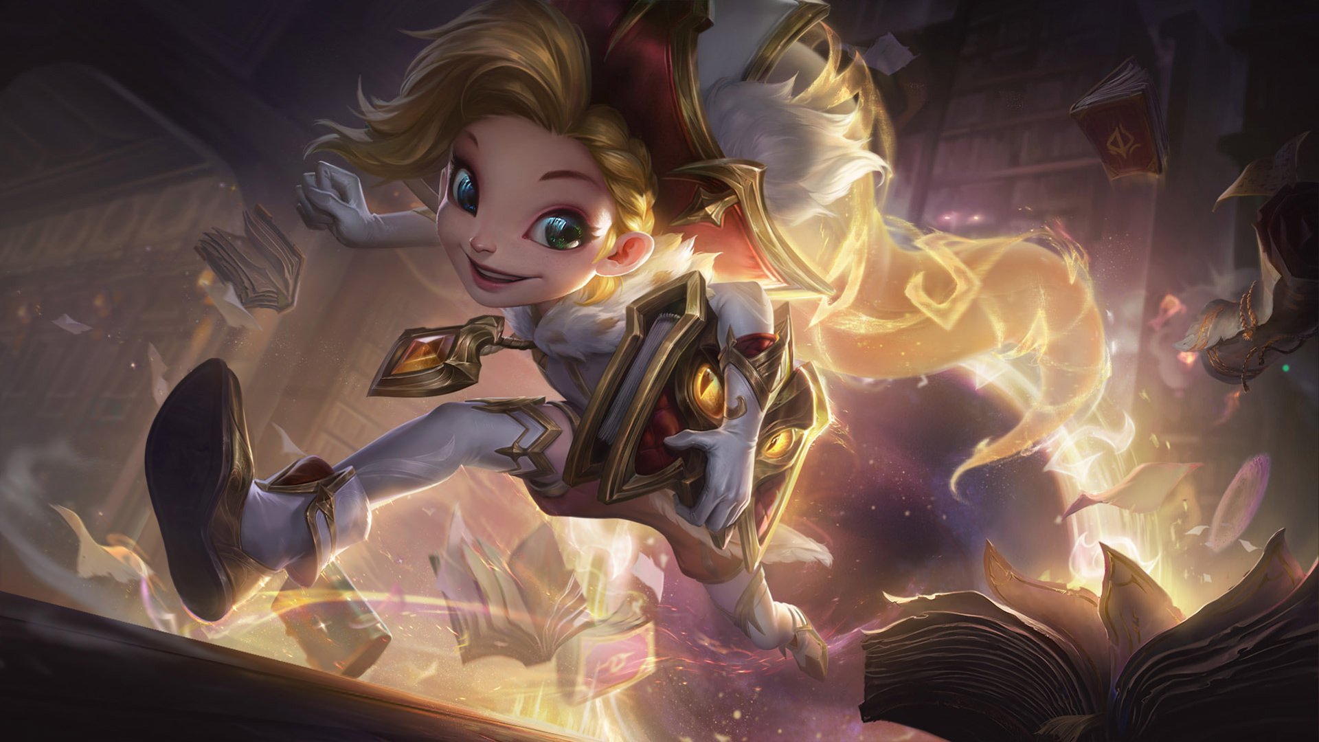 Video game — League of Legends HD PC desktop wallpaper: playful young mage flipping through a glowing spellbook, surrounded by golden starlight, swirling magic and dynamic motion.