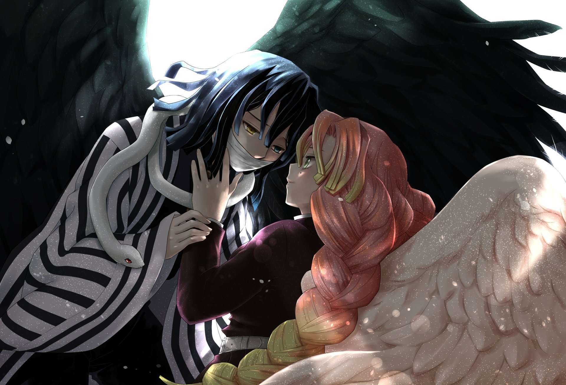 Mitsuri Kanroji and Obanai Iguro from Demon Slayer: Kimetsu no Yaiba share a tender moment, depicted in a detailed 4K Ultra HD anime wallpaper.