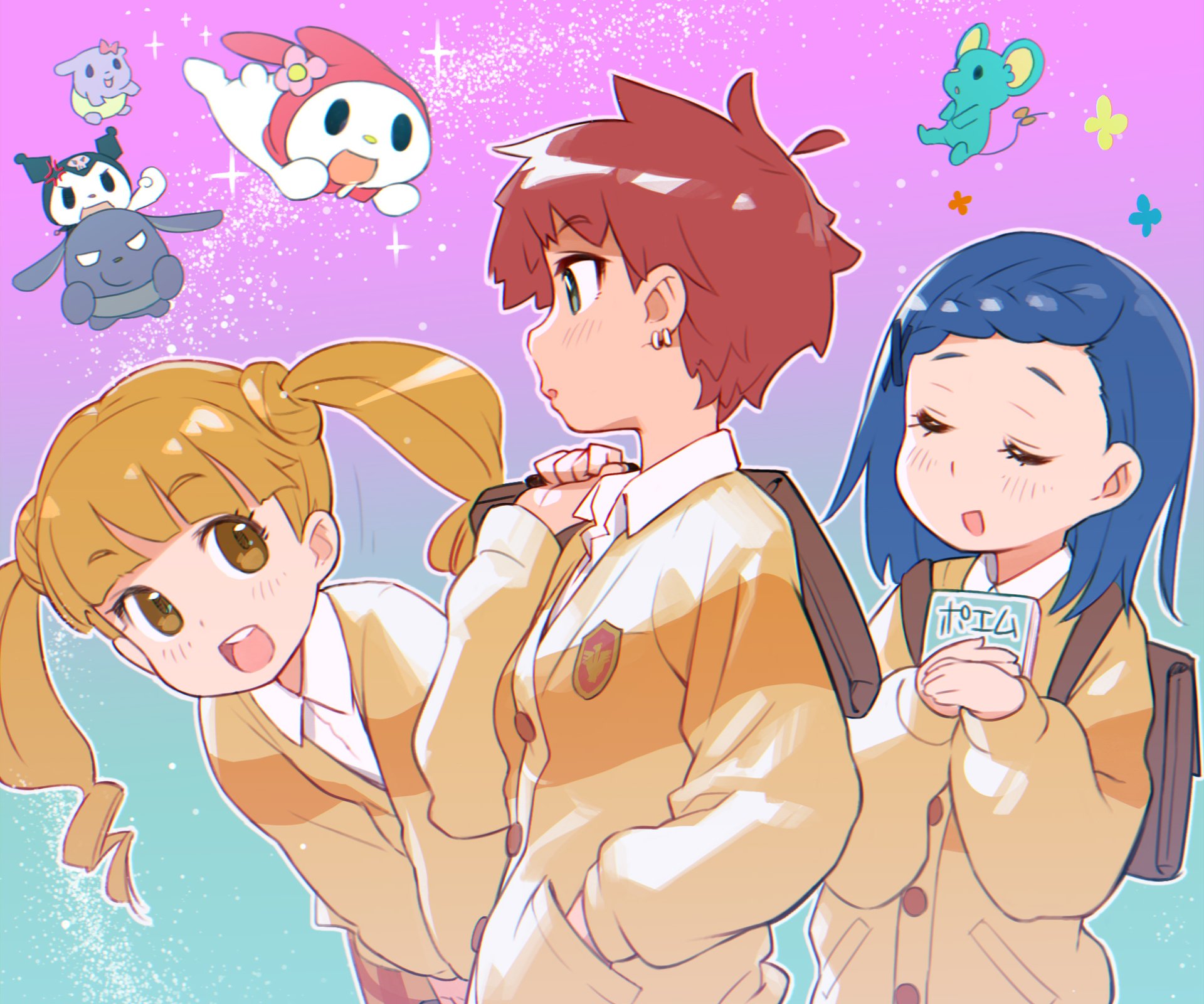 HD PC desktop wallpaper featuring Uta Yumeno, Miki Sakurazuka, Mana Fujisaki, and characters Piano, My Melody, Kuromi, Flat, and Baku from the anime Onegai My Melody.
