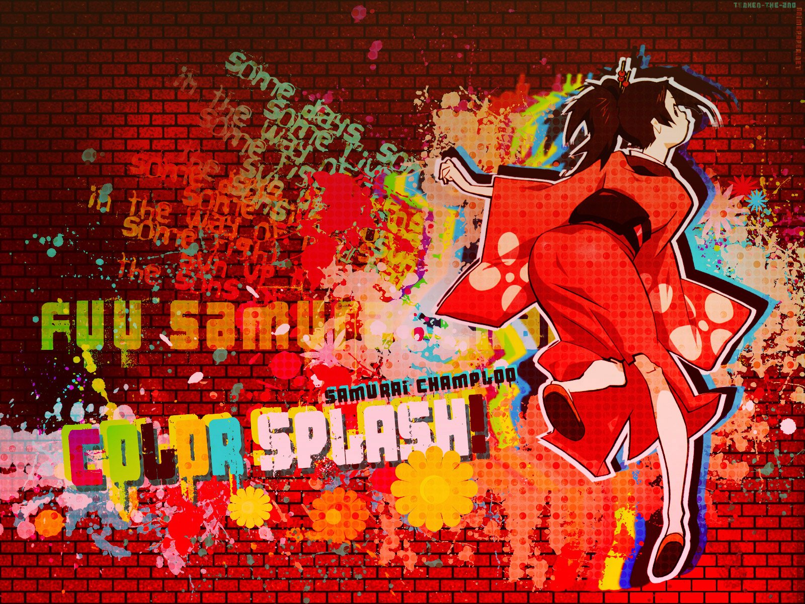 HD PC desktop wallpaper featuring Fuu Sanada from Samurai Champloo in vibrant anime style with colorful paint splashes and graffiti on a brick wall background.