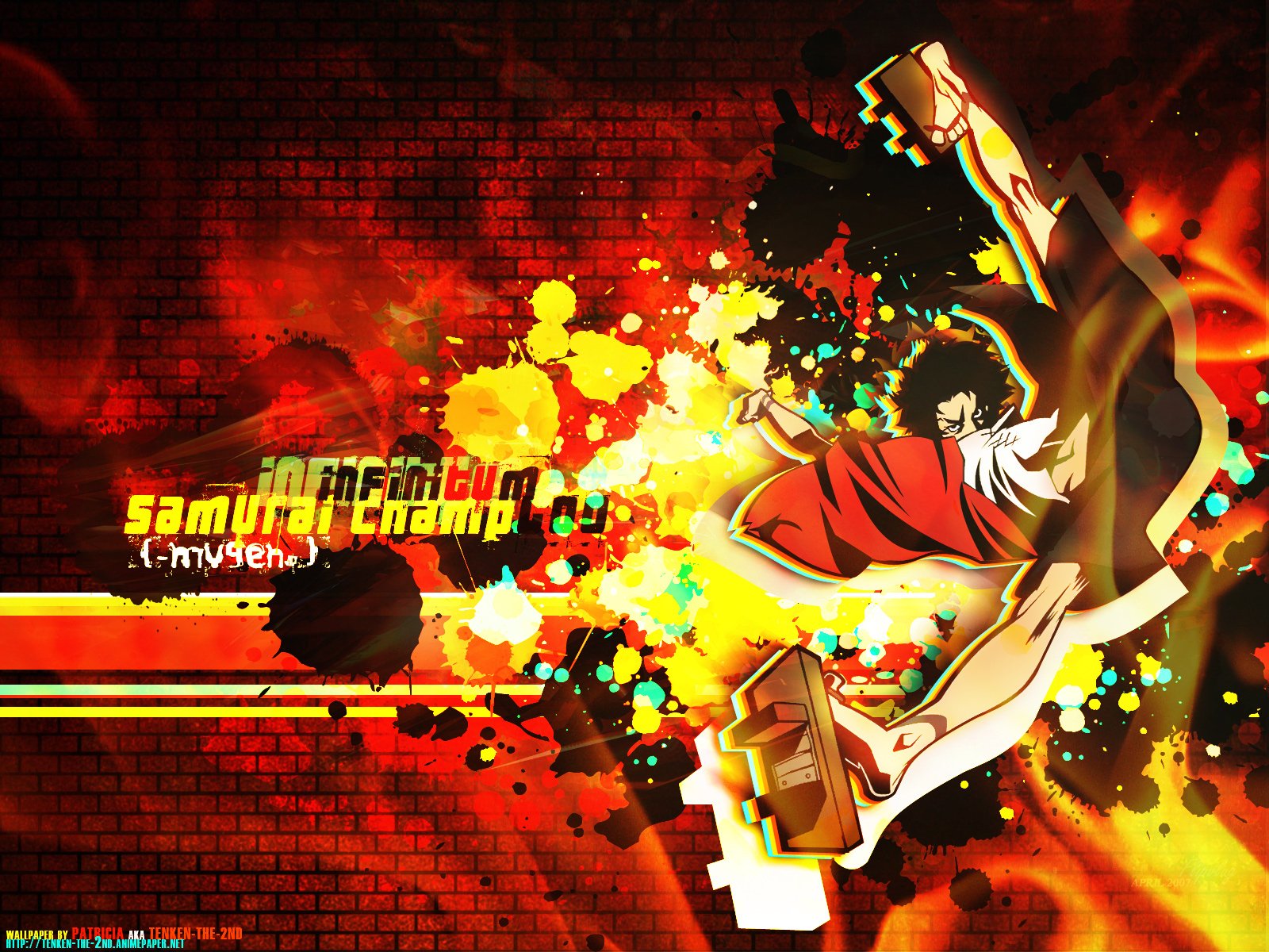 HD PC desktop wallpaper featuring dynamic anime art from Samurai Champloo, showcasing vibrant splashes of color and intense action against a dark brick wall background.