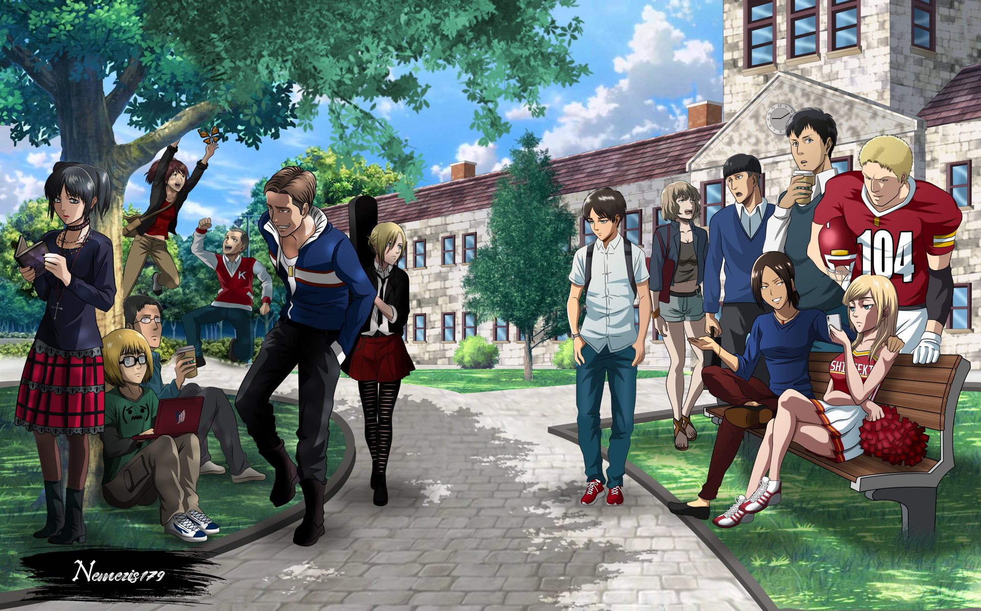 4K Ultra HD Attack on Titan wallpaper featuring key characters Marlo Freudenberg, Hitch Dreyse, Bertholdt Hoover, Reiner Braun, Historia Reiss, Ymir, Eren, Mikasa, and others on a campus path.