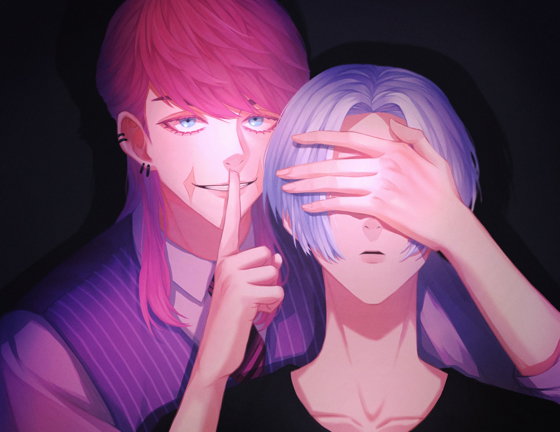 2K Quad HD PC desktop wallpaper: Tokyo Revengers anime — Haruchiyo Sanzu shushing, finger to lips, covering Mikey (Manjiro Sano)'s eyes in a neon-lit portrait.