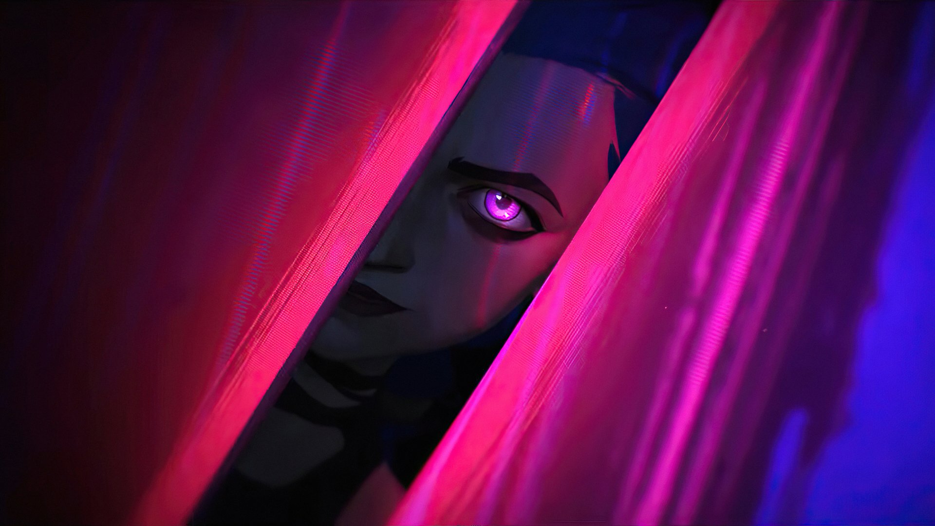Close-up 4K Ultra HD wallpaper of Jinx from the TV show Arcane, featuring vibrant pink and purple lighting on a PC desktop background.