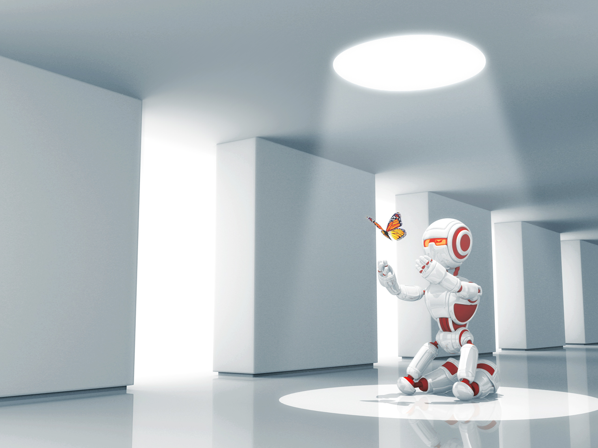 A futuristic robot interacts with a butterfly in a minimalist, sci-fi setting, illuminated by soft light against sleek white walls, creating a serene and imaginative atmosphere.