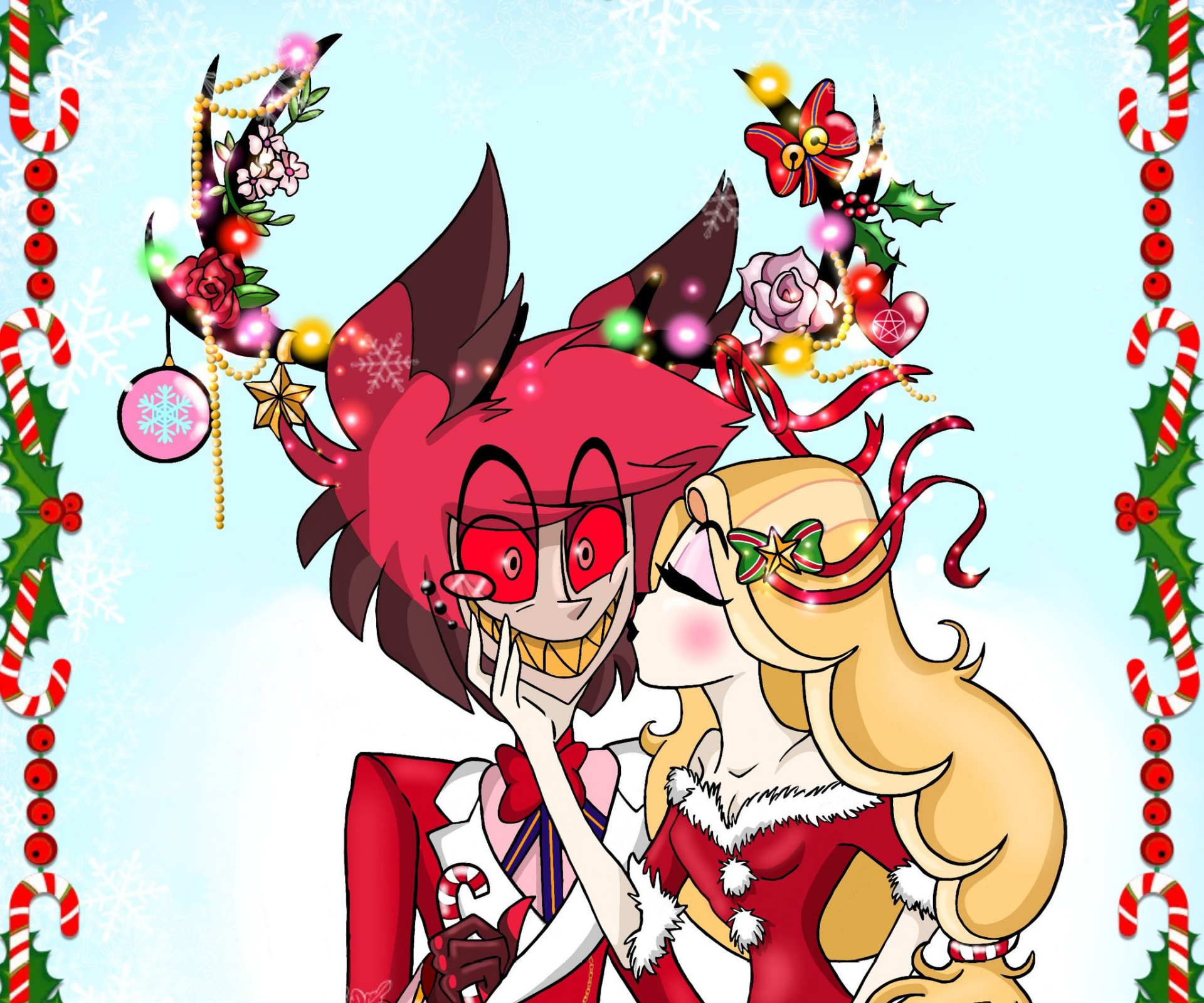 HD desktop wallpaper featuring Charlie Morningstar and Alastor from the TV show Hazbin Hotel in a festive holiday setting.