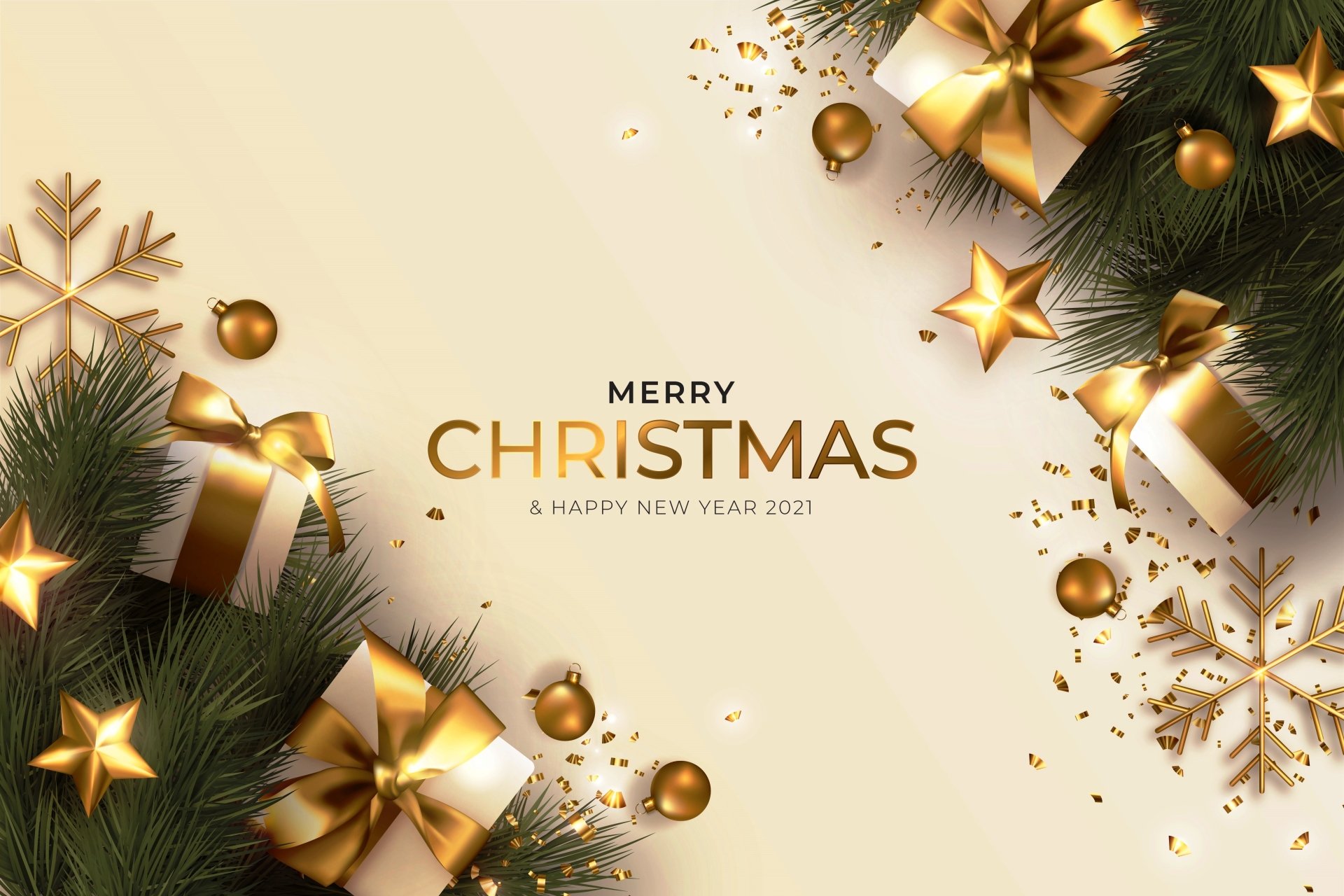 4K Ultra HD Christmas desktop wallpaper featuring gold decorations, wrapped gifts, pine branches, and festive confetti with a Merry Christmas and Happy New Year 2021 greeting.