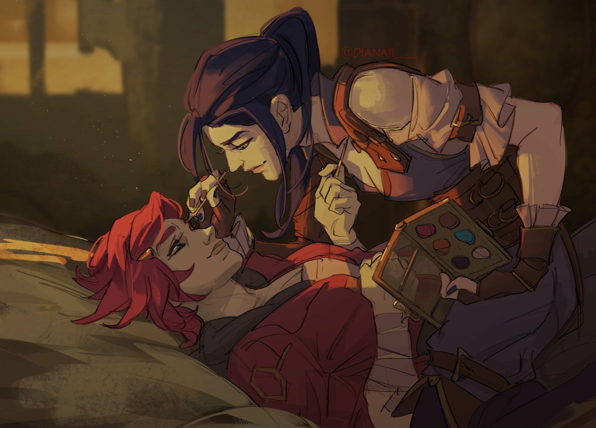 HD desktop wallpaper featuring Caitlyn and Vi from the TV show Arcane, based on League of Legends, sharing a close moment in a dimly lit setting.