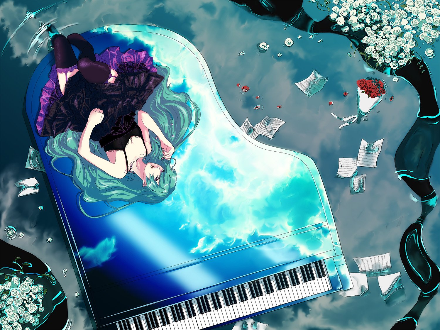 A stunning HD wallpaper featuring Hatsune Miku, the iconic Vocaloid, lying gracefully on a shimmering blue piano surrounded by scattered music sheets and roses.