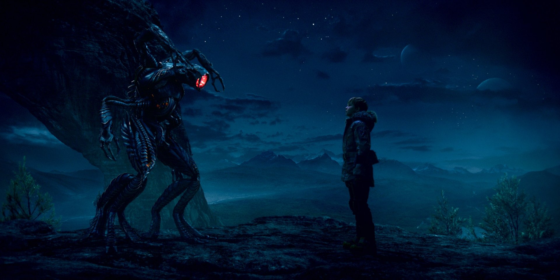 2K Quad HD PC desktop wallpaper background from TV show Lost In Space: a lone figure faces a towering alien creature with a glowing red eye in a moody blue alien landscape.
