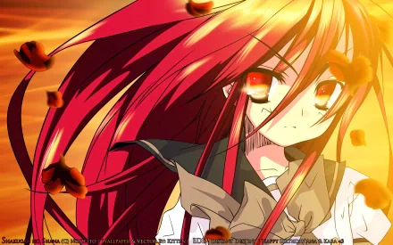 HD anime desktop wallpaper featuring Shana from Shakugan No Shana, with vibrant red hair and glowing eyes set against a warm, fiery background.