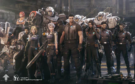 Anime HD PC wallpaper — Ling Long: Incarnation: armed futuristic squad with armored mechs posed in a dim industrial hangar.