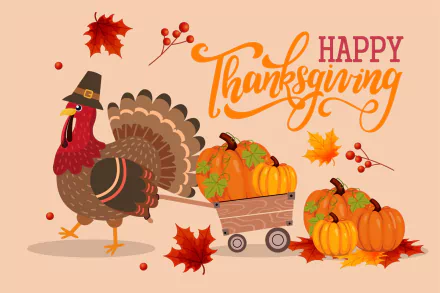 HD PC desktop wallpaper: cheerful turkey in a pilgrim hat pulls a pumpkin-filled cart amid autumn leaves, with Happy Thanksgiving script — holiday Thanksgiving background.