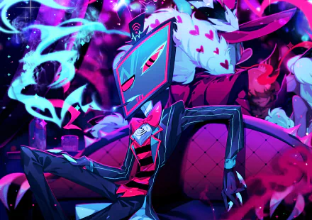 HD PC desktop wallpaper: Vox (Hazbin Hotel) in a neon mask lounges on a couch with Valentino (Hazbin Hotel) looming behind amid pink-blue chaos — Hazbin Hotel TV show background.