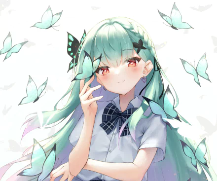 HD anime wallpaper featuring Uruha Rushia, the Virtual YouTuber from hololive, surrounded by teal butterflies with a serene expression.