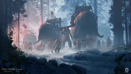 A stunning HD desktop wallpaper featuring fantasy warriors and large beasts moving through a mystical forest, bathed in ethereal light.