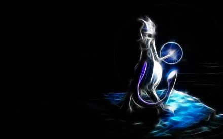 HD desktop wallpaper featuring the legendary Psychic Pokémon, Mewtwo, from the Pokémon anime series. Mewtwo stands on a glowing blue surface, holding a luminescent ball, set against a dark background.