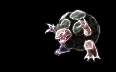 HD PC desktop wallpaper of Golem, the rock Pokémon, in anime-style neon glow against a solid black background.