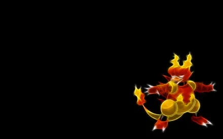 HD anime wallpaper of Magmar, the fire Pokémon, glowing with flames against a black background, showcasing its fiery power in vibrant colors.