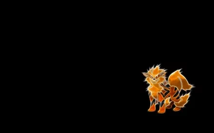 HD PC desktop wallpaper featuring Arcanine, the fiery Fire-type Pokémon, set against a solid black background in anime style.