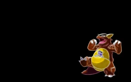 Kangaskhan (Pokémon) anime-style HD PC desktop wallpaper: glowing neon Kangaskhan with baby in pouch against a black background.