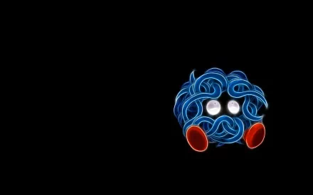 HD PC desktop wallpaper: neon-style Tangela (Pokémon) anime illustration — glowing blue vine body, blank white eyes and red feet on a black background.