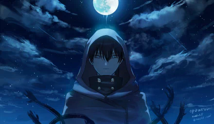 Nacht (Black Clover) hooded under a full moon, dark blue sky with swirling clouds and shadowy tendrils — anime HD PC desktop wallpaper/background
