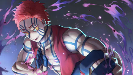 4K Ultra HD PC desktop wallpaper featuring Akaza from Demon Slayer: Kimetsu no Yaiba, showcasing vibrant anime-style artwork with dynamic purple and blue energy effects.