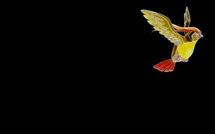 A dynamic HD wallpaper features Pidgeot, a flying Pokémon from the anime series Pokémon, soaring against a minimalist black background, showcasing its vibrant colors and majestic wings.