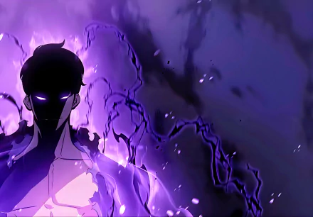 Sung Jin-Woo from Solo Leveling stands shrouded in glowing purple energy in this 8K Ultra HD anime PC desktop wallpaper with a phonk-inspired dark aesthetic.