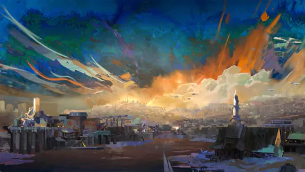 HD PC desktop wallpaper featuring a vibrant, painterly cityscape at sunset from the video game Disco Elysium, blending vivid blues and warm orange tones.