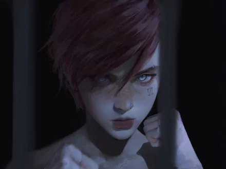 Close-up 4K Ultra HD wallpaper of Vi from the TV show Arcane, showcasing her determined expression and signature red hair in a dark, moody setting.