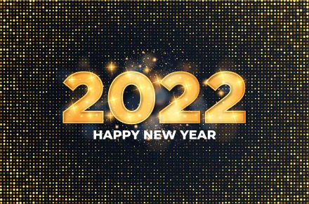2022 Happy New Year text glowing in gold on a sparkling dark background, 4K Ultra HD holiday desktop wallpaper and background.