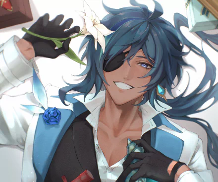 HD PC desktop wallpaper featuring Kaeya from the video game Genshin Impact, showcasing his confident smile and detailed blue-themed outfit.