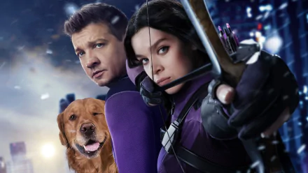 Jeremy Renner Hailee Steinfeld Lucky the Pizza Dog Kate Bishop Clint Barton TV Show Hawkeye HD Desktop Wallpaper | Background Image
