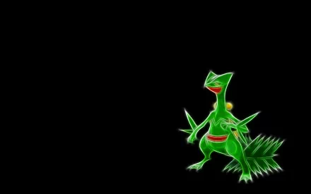 HD anime-style desktop wallpaper featuring Sceptile, a grass-type Pokémon, set against a sleek black background.