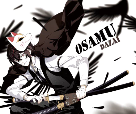 HD PC desktop wallpaper of Osamu Dazai from the anime Bungou Stray Dogs: reclining in a black coat with a fox mask on his head, gripping crossed swords against bold black ink strokes.