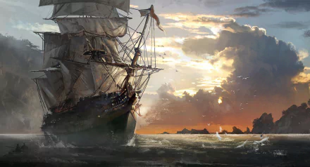 HD PC desktop wallpaper of a sailing ship from Assassin's Creed IV: Black Flag video game, set against a dramatic sunset over the ocean.
