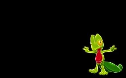 Treecko, the Grass-type starter Pokémon, stands cheerfully against a black background in this vibrant HD anime wallpaper, showcasing its lively green hues and playful expression.