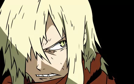 Close-up of Viral from Tengen Toppa Gurren Lagann snarling, pale hair and a piercing green eye against a black backdrop — HD PC desktop wallpaper and background.