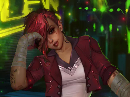 HD PC desktop wallpaper of Vi from the TV show Arcane, featuring vibrant neon lights and dynamic detail capturing the League of Legends character.