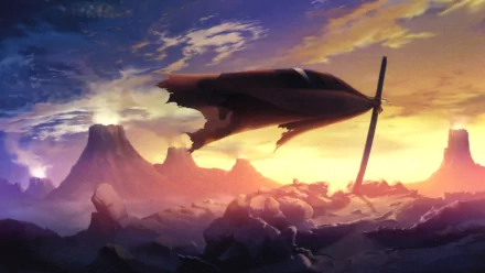 Anime HD PC desktop wallpaper from Tengen Toppa Gurren Lagann: silhouetted mecha gliding over rocky peaks at sunset beneath dramatic purple-gold clouds.