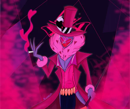 Valentino from Hazbin Hotel in a magenta suit and top hat, smoking amid smoky neon shapes — 2K Quad HD PC desktop wallpaper background.