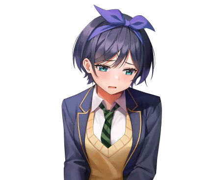 HD anime desktop wallpaper featuring Ruka Sarashina from Rent-A-Girlfriend with a pensive expression, wearing her school uniform and a purple hair ribbon.